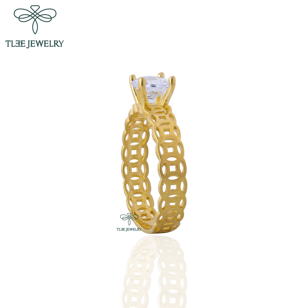 Nhẫn bạc nữ TLEE kim tiền mạ vàng 14k trụ đá bốn chấu cao cấp TleeJewelry A0144
