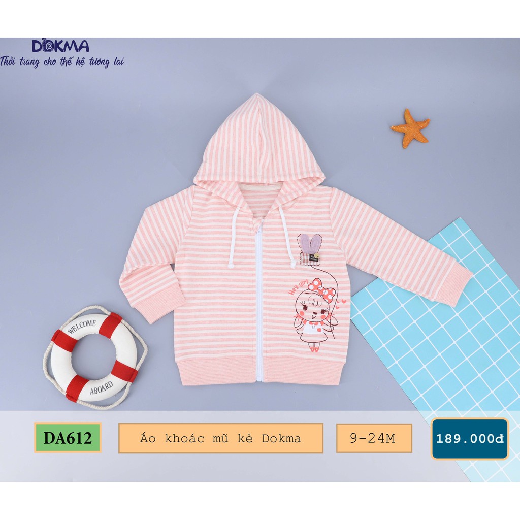 Dokma - Áo khoác nỉ nhung kẻ kéo khóa có mũ cho bé 6-36 tháng DA612