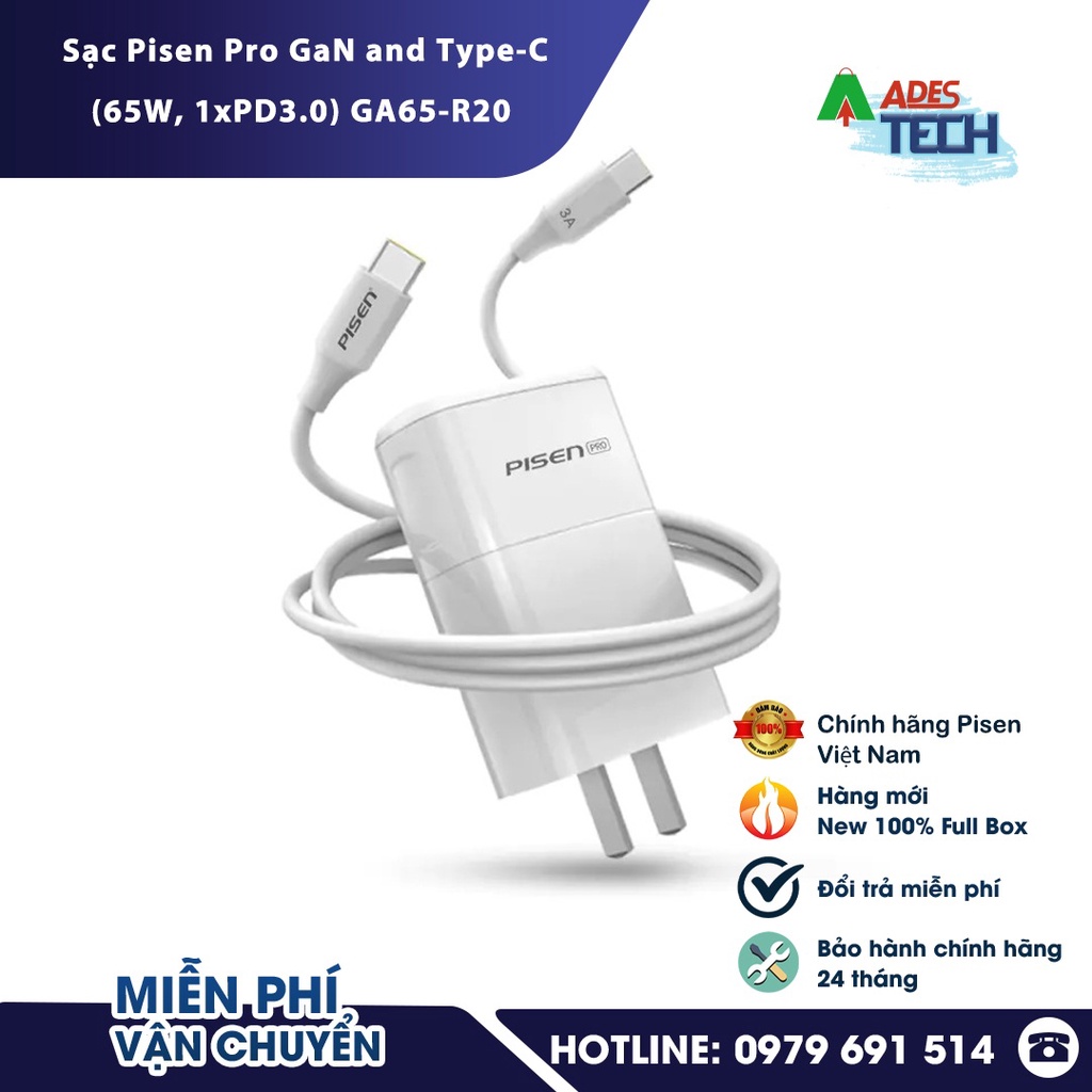 Củ sạc Pro GaN and Type-C (65W, 1xPD3.0) - GA65-R20 - Giao thức sạc nhanh - Bảo hành chính hãng