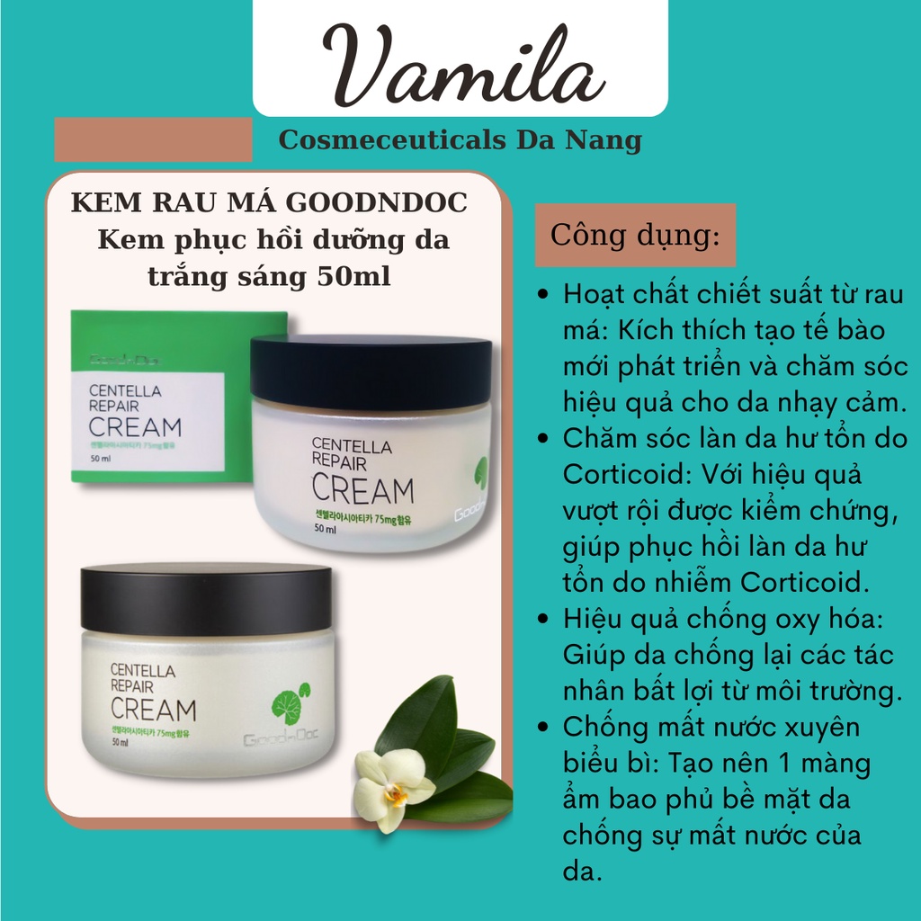 Kem Rau Má Dưỡng Ẩm GoodnDoc 50ml Chính Hãng Phục Hồi Dưỡng Da Trắng Sáng Centella Repair Cream - Vamila Cosmeceuticals