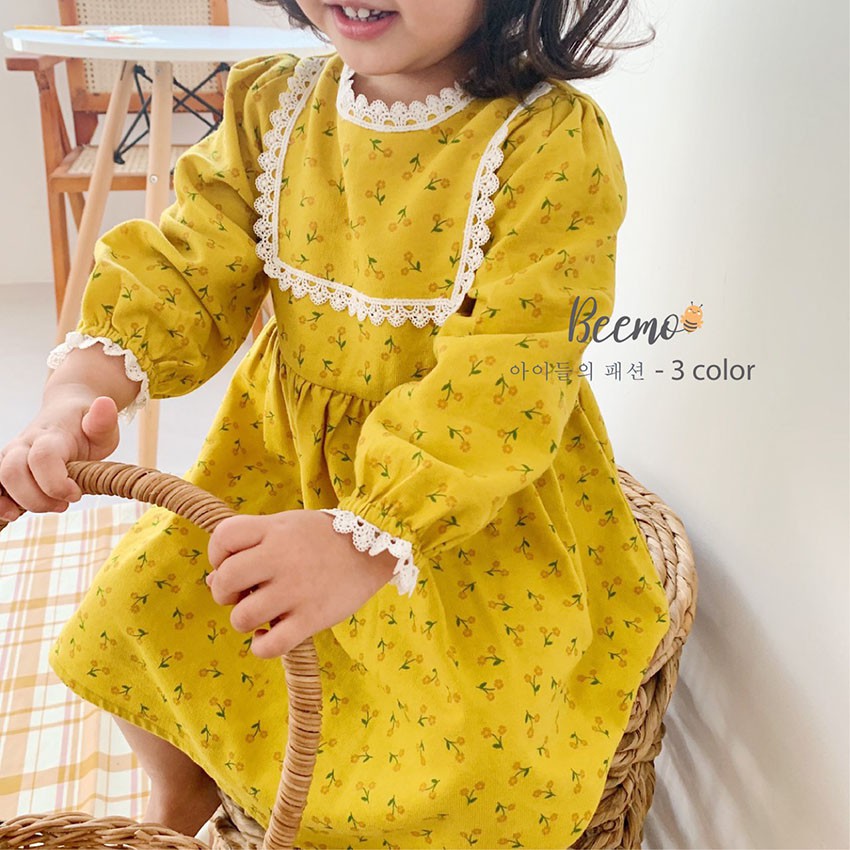 Váy đầm cho bé gái kiểu Baby doll Hàn Quốc vải nhung tăm hoa nhí dễ thương