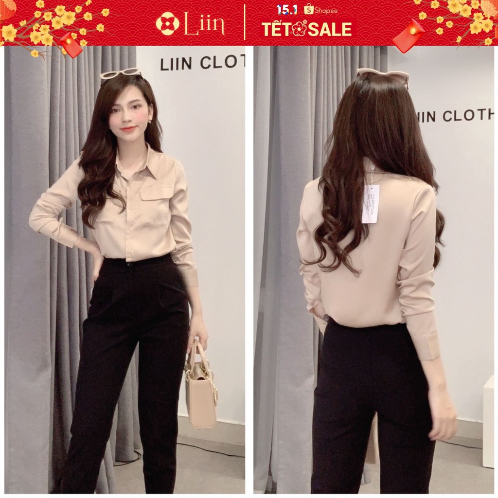Áo sơ mi dài tay chất Lụa Be 2 Túi form trơn, basic thanh lịch Liin Clothing SM3663