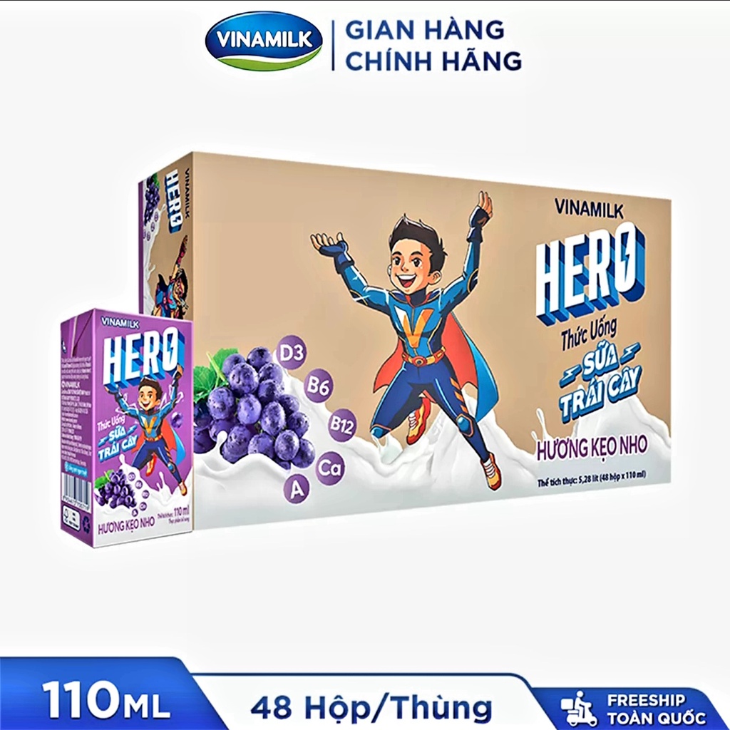 Thùng 48 Hộp Thức Uống Sữa Trái Cây Hero Vị Kẹo Nho 110ml.