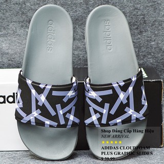 Dép Adidas Cloudfoam Plus Graphic màu xám quai đen sọc môn trắng