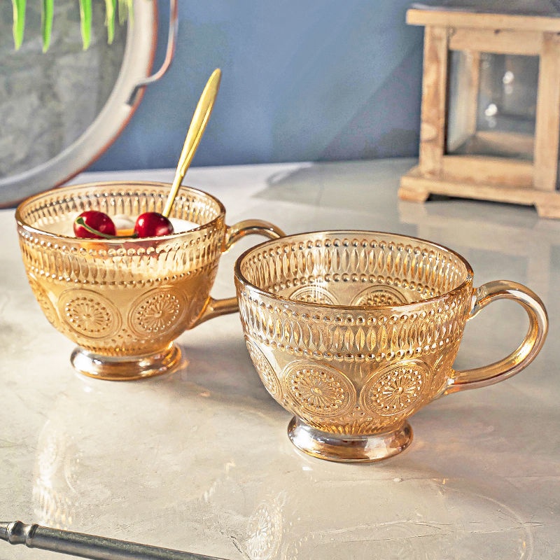 Cốc Thủy Tinh Uống Sữa/Cà Phê In Nổi Họa Tiết Hoa Hướng Dương Kèm Muỗng Chịu Nhiệt Cao Tiện Dụng