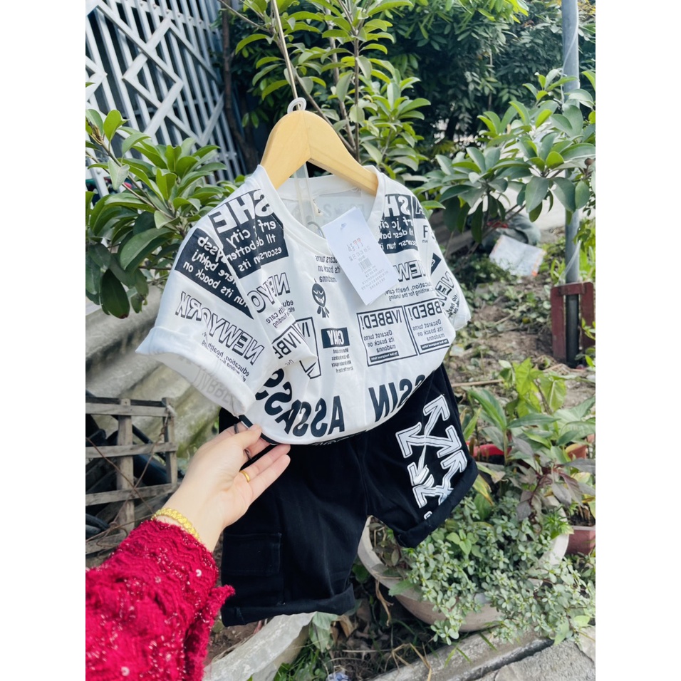 Set bộ bé trai, Set kaki bé trai quần túi hộp áo cotton in chữ cho bé trai 15-25kg