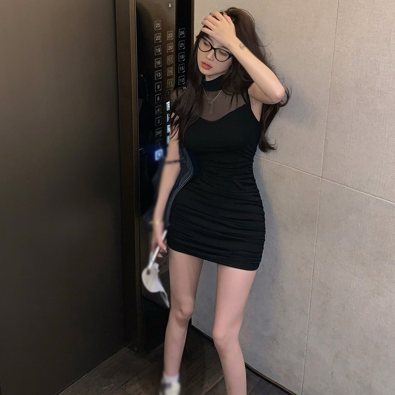 Đầm Tay Ngắn Cổ Lọ Phối Lưới Màu Trơn Thời Trang Hàn Quốc Xinh Xắn Cho Nữ
