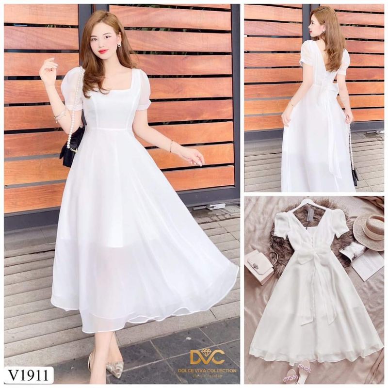 Váy trắng xòe voan kính đính nơ sau