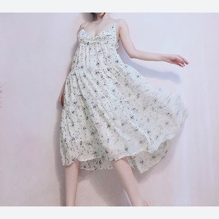 Đầm 2 dây suông voan hoa nhí xanh