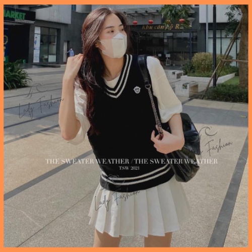 Áo Gile Nữ Thêu Chữ A Phối Viền Chất Len Dệt Kim Freesize Cổ V Basic Phong Cách Hàn Quốc Lady