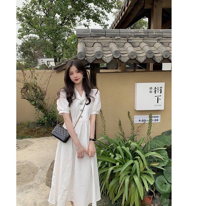 Đầm Trắng Đính Ngọc Phong Cách Hàn Quốc Váy Dài Tay Bồng Hàng Quảng Châu Siêu Đẹp (Ảnh thật ở cuối)