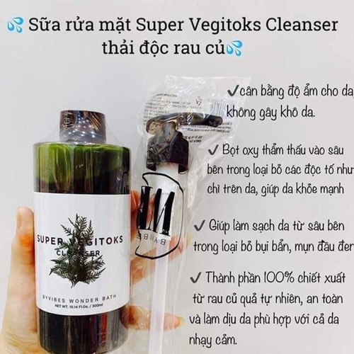 Sữa rửa mặt rau củ thải độc Super vegitoks cleanser Wonder bath Full size - 300 ml chính hãng Hàn Quốc