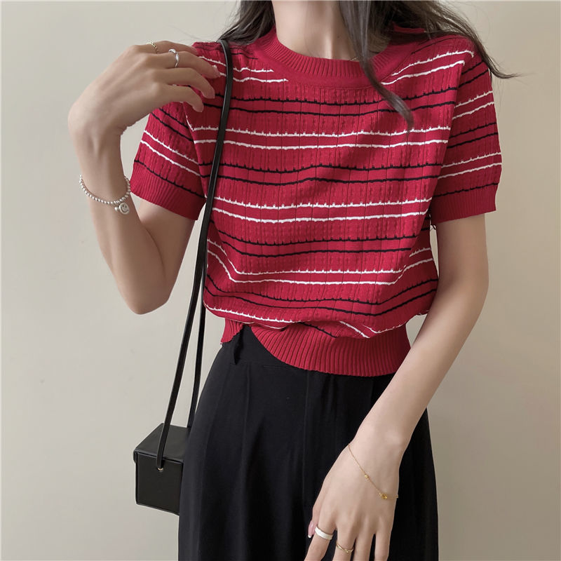 Áo Len Nữ Tay Ngắn Kẻ Sọc Ngang Thời Trang Trẻ Trung