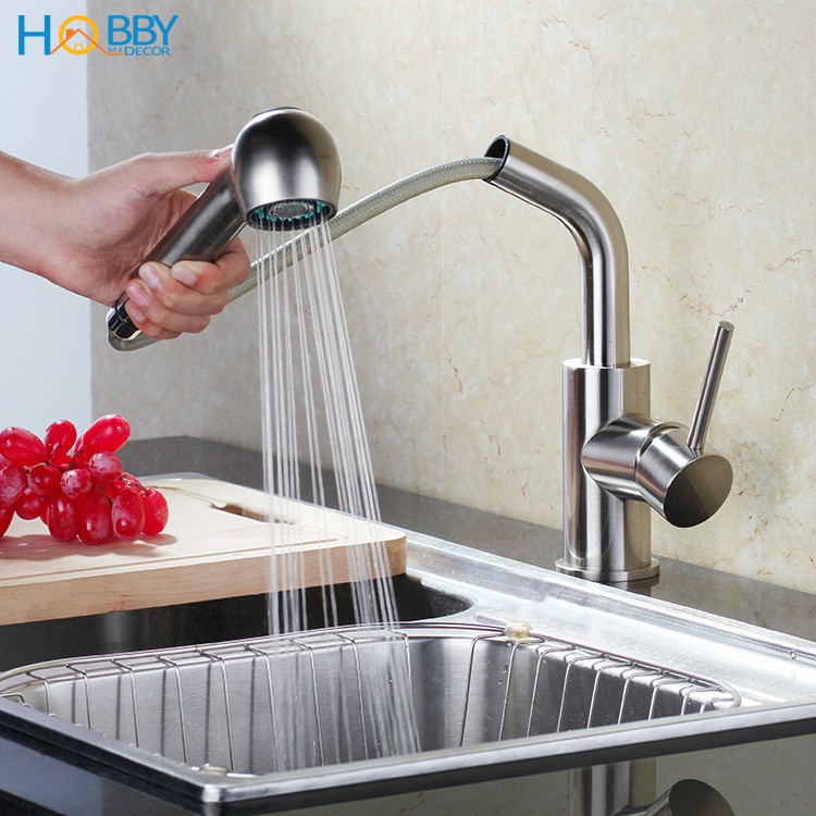 Vòi rửa chén nóng lạnh dây rút HOBBY VDR2 Inox 304 - 2 chế độ phun - đầu vòi kéo dài tiện lợi