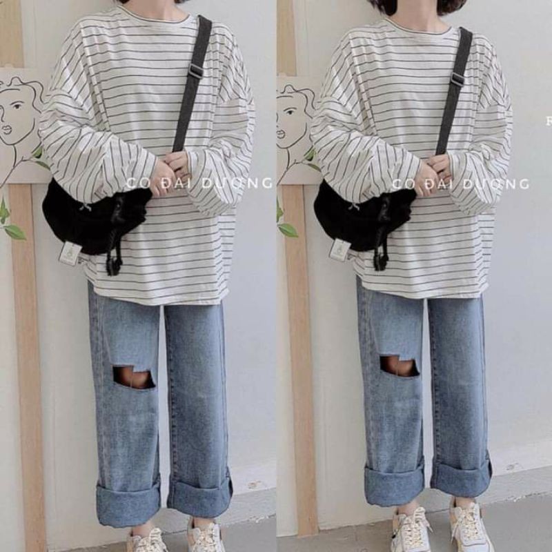 [SIÊU HOT Áo Thun Kẻ Oversize 358 (Áo Thun Tay Dài Nữ)