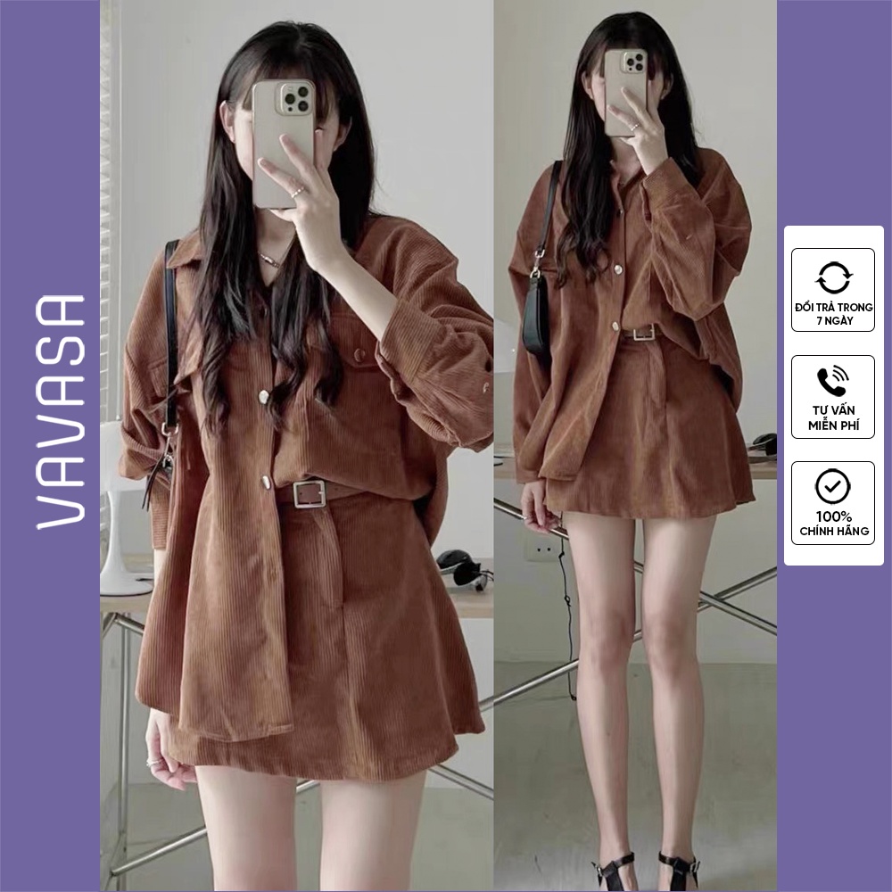 Set áo khoác sơ mi nhung tăm dài tay mix chân váy chữ A trẻ trung VAVASA BD02