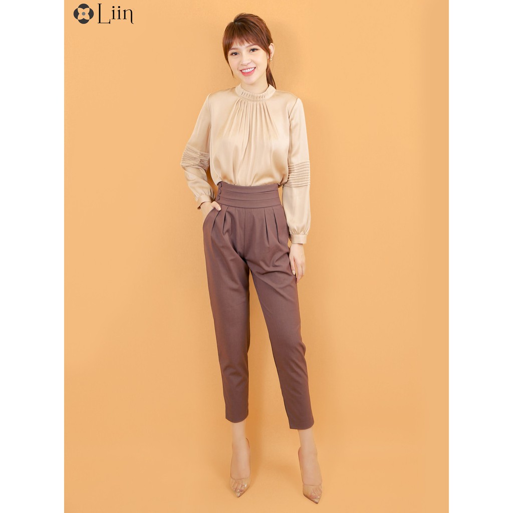 Quần nữ công sở cạp cao Linbi kiểu dáng basic, màu nâu phối 3 cúc bọc Liin clothing Q3114