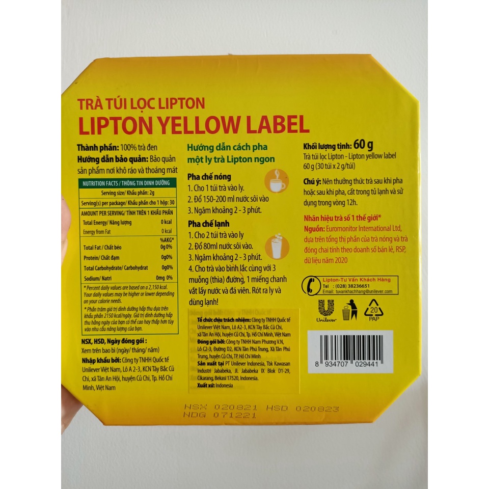 Trà Lipton Túi lọc hộp 25 gói/ Lipton vị Chanh 224g 16 gói/ Trà Xanh/ Bát Giác