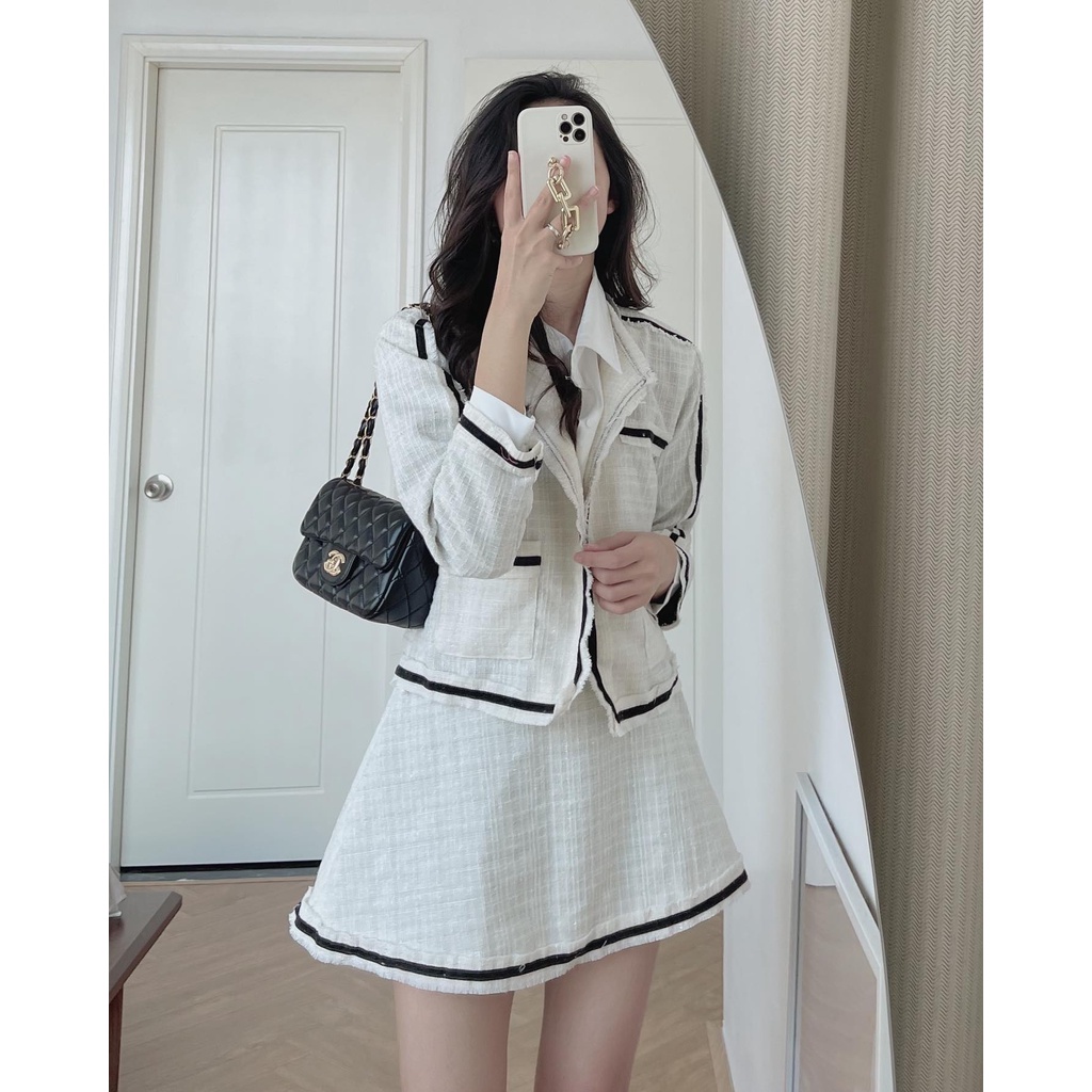 (ảnh thật) Audrey Set dạ tweed chạy viền áo khoác mix chân váy chữ A 7765 | BigBuy360 - bigbuy360.vn