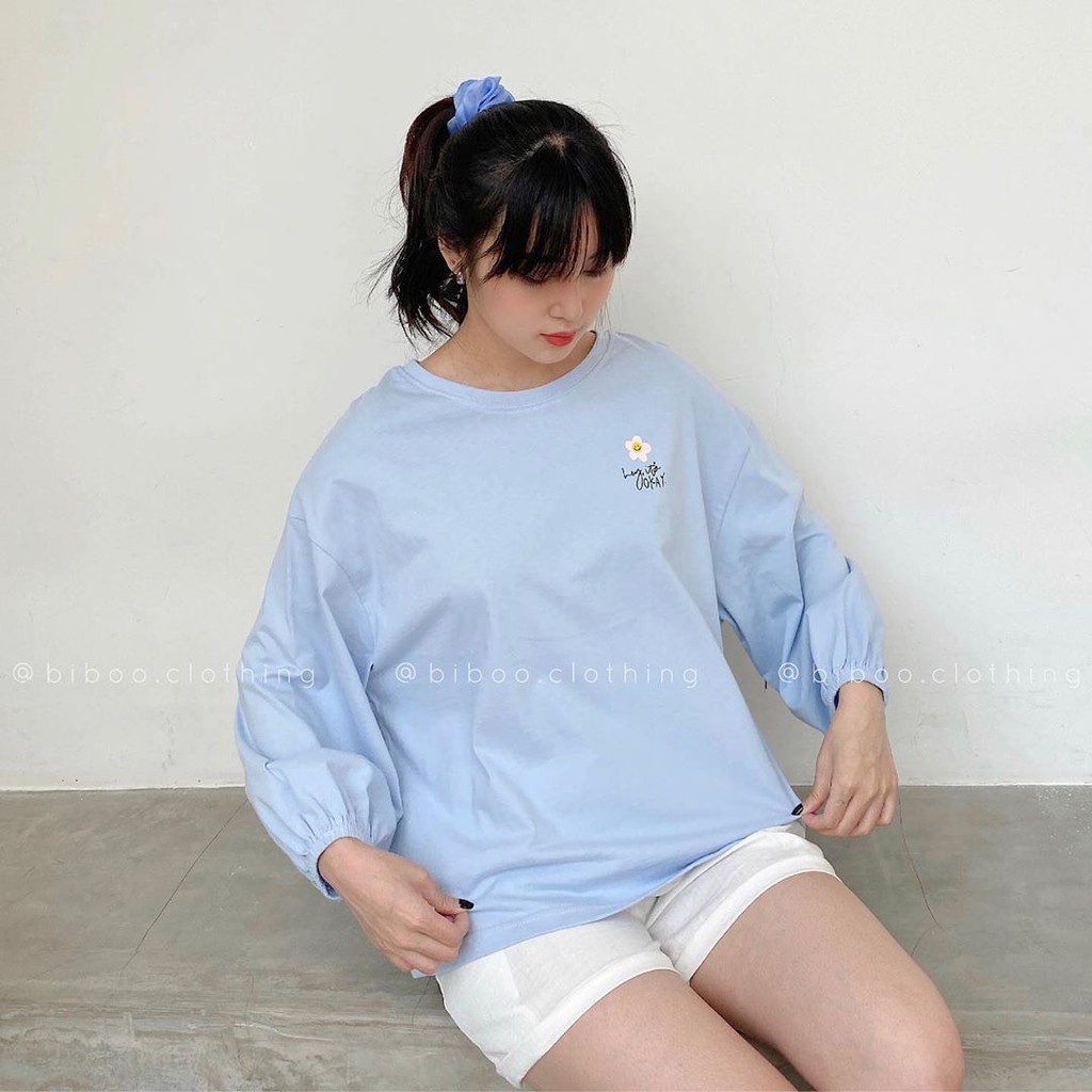 ÁO SWEATER TAY PHỒNG THÊU HOA CÚC MÀU XANH - ÁO THUN NỈ TAY CHUN THÊU HOA XANH ULZZANG