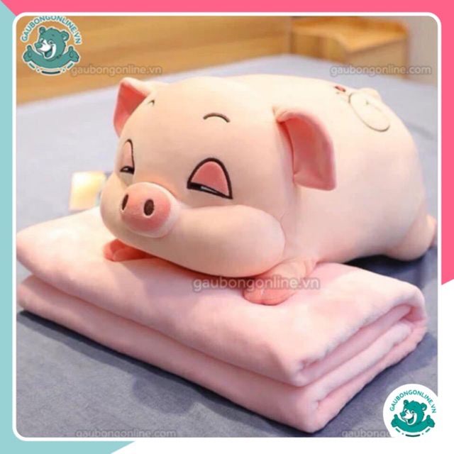 Gối chăn văn phòng heo ngủ kèm chăn 2 trong 1 siêu mềm màu hồng, xám chất nhung mềm mịn