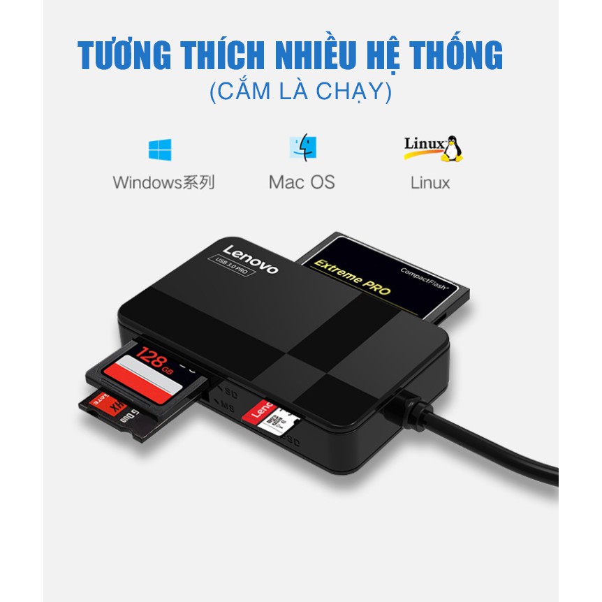 Đầu Đọc Thẻ Nhớ USB 3.0 Lenovo D303 Pro Đọc 4 Thẻ Cùng 1 Lúc (TF, SD, CF, MS) - Hàng Nhập Khẩu