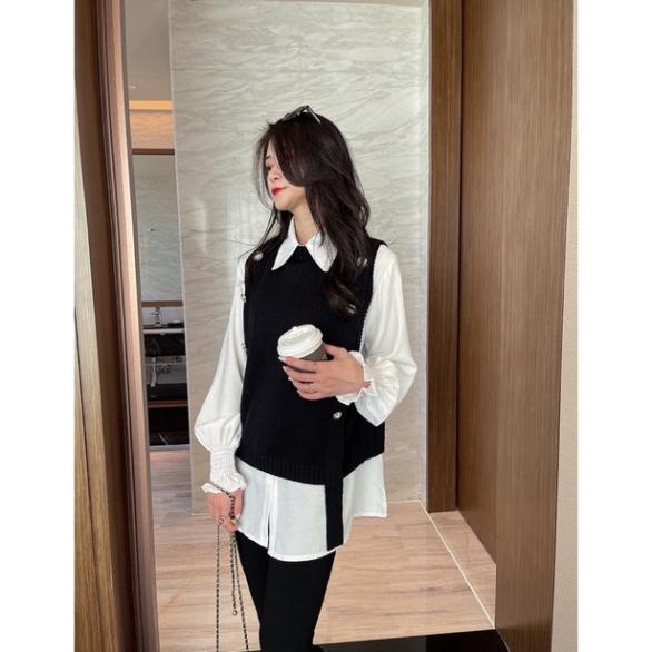 Sét áo gile len kèm áo sơ mi tay bèo hàng QC loại 1 _ảnh thật