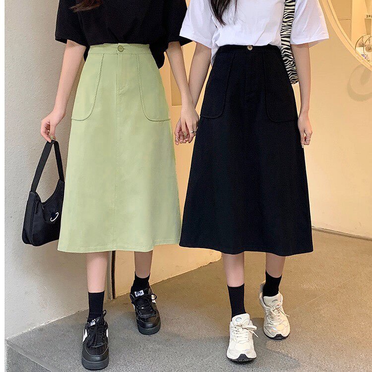 Chân váy dài chữ a phong cách ulzzang xinh xắn , Váy chất liệu kaki mềm + lớp lót trong bảo vệ , MS 17