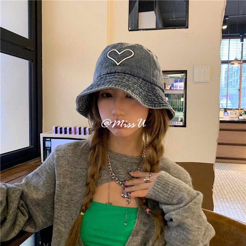 Mũ Tai Bèo Vải Denim Màu Đen Họa Tiết Trái Tim Chống Nắng Thời Trang Cho Nữ