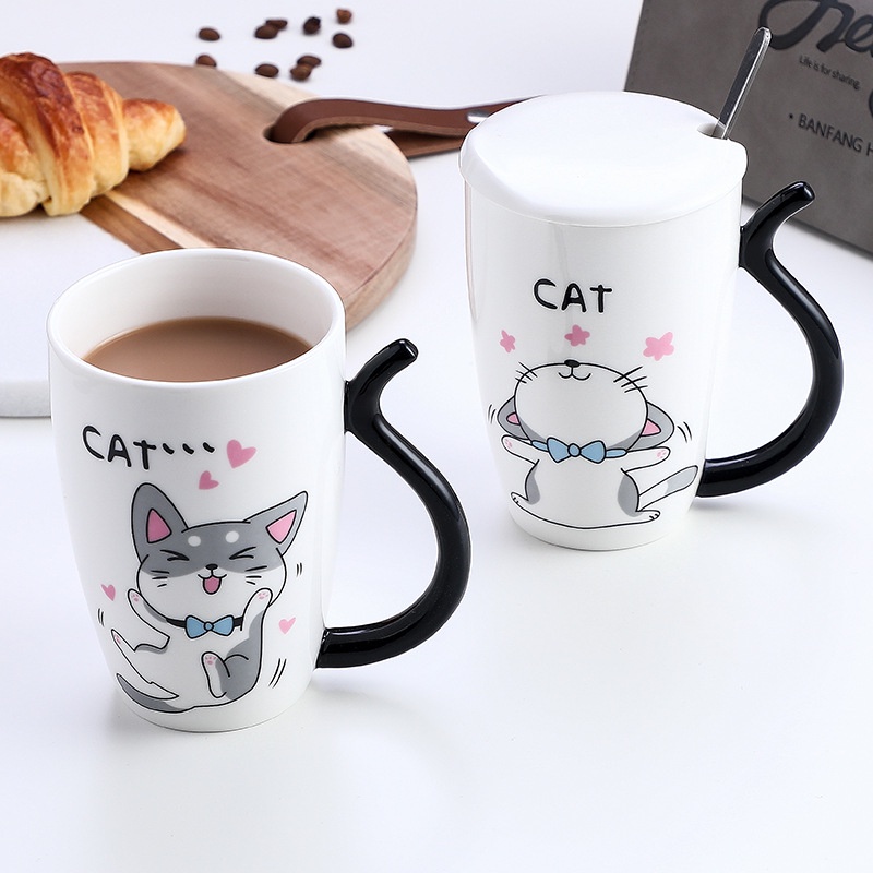 [Hàng sẵn] Cốc mèo, Ly mèo có nắp thìa dễ thương bằng gốm, Dung tích 380ml có kèm nắp đậy, Glass Cat