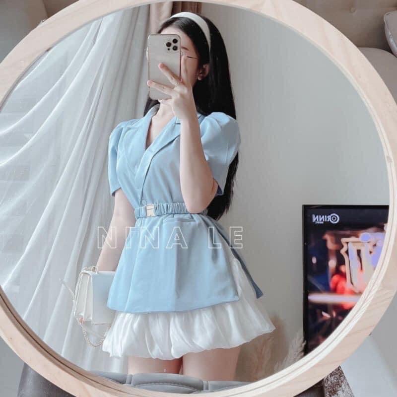 Set áo vest chân váy tơ kèm belt SJ003