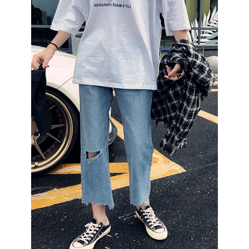 Quần Jean Baggy Xanh Nữ Rách Gối Phải Rách Gấu Vuông Phong Cách Đường Phố