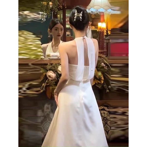 ĐẦM MIDI TRẮNG CỔ YẾM LƯNG KIỂU