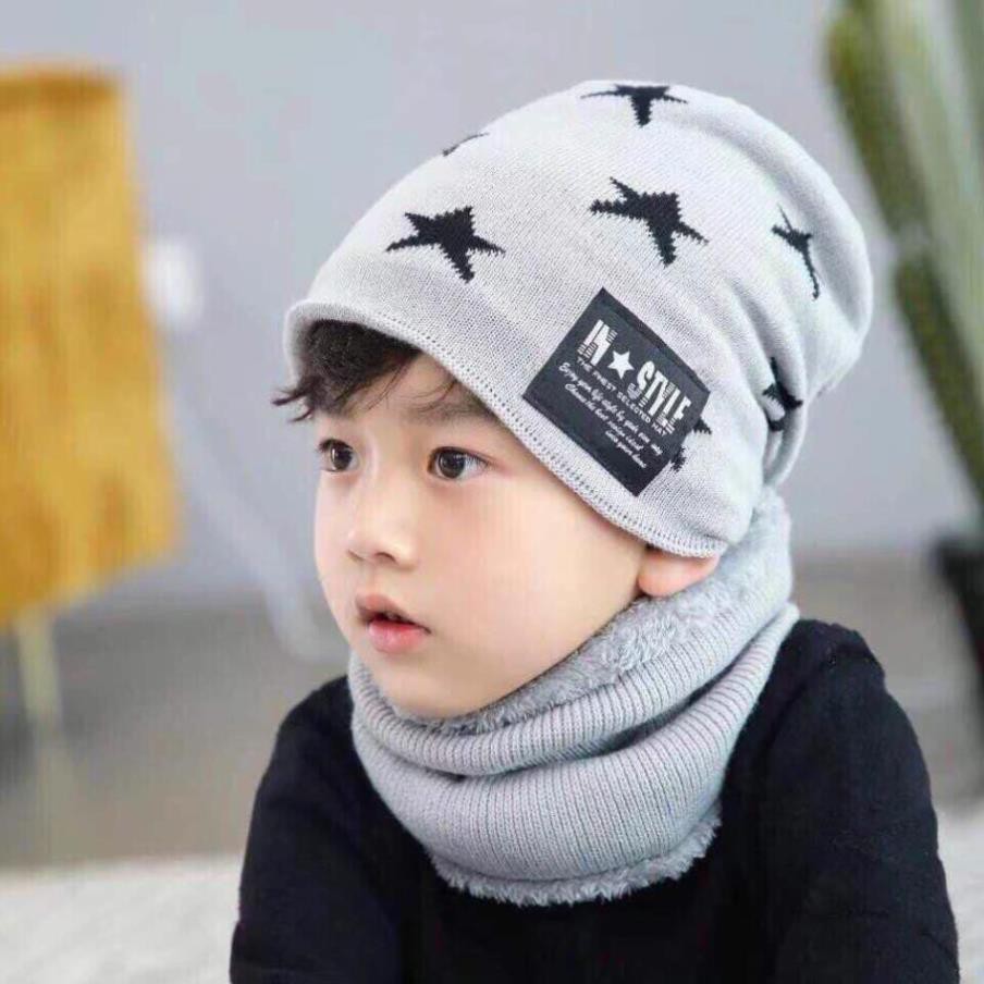 Mũ len kèm khăn ống quàng cổ , mũ len kèm khăn hình ngôi sao cho bé trai bé gái từ 5 tuổi đến 15 tuổi