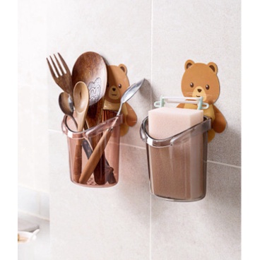 Cốc Gấu Dán Tường Để Bàn Chải Đánh Răng Có Lỗ Thoát Nước Tiện Lợi