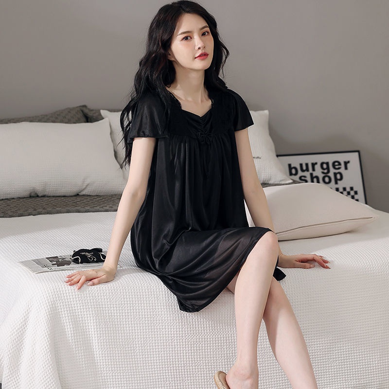 Yuanda Hàng Có Sẵn] Đầm Ngủ Lụa Lạnh Tay Ngắn Phối Ren Xuyên Thấu Gợi Cảm Size Lớn 200 Jin Cho Nữ