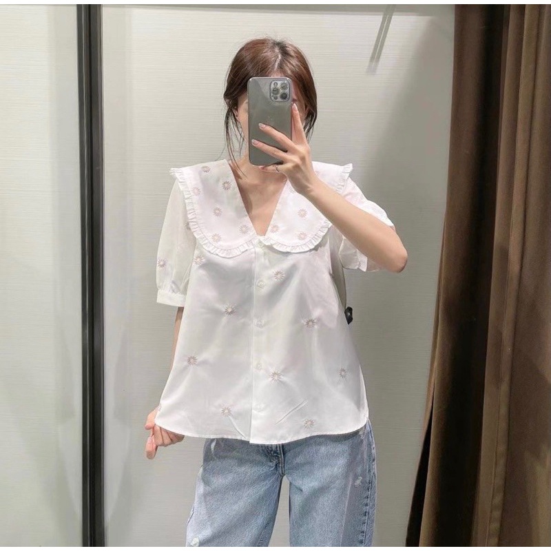 Áo sơ mi thêu hoa cúc nổi