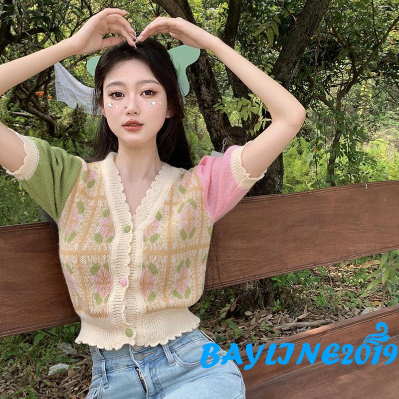 Áo Cardigan Dệt Kim Tay Ngắn Cổ Chữ V Cài Nút Màu Sắc Tương Phản Phong Cách Vintage Dành Cho Nữ