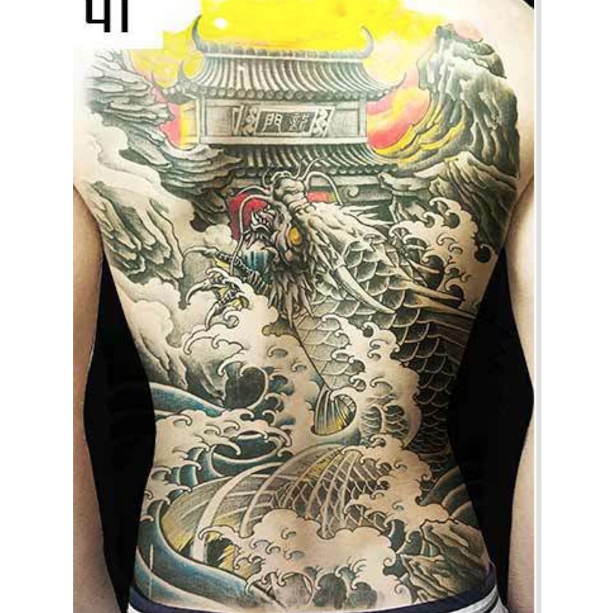 Hình xăm dán kín lưng cá chép hóa rồng vượt vũ long môn 34x48cm- tặng bắp tay tattoo