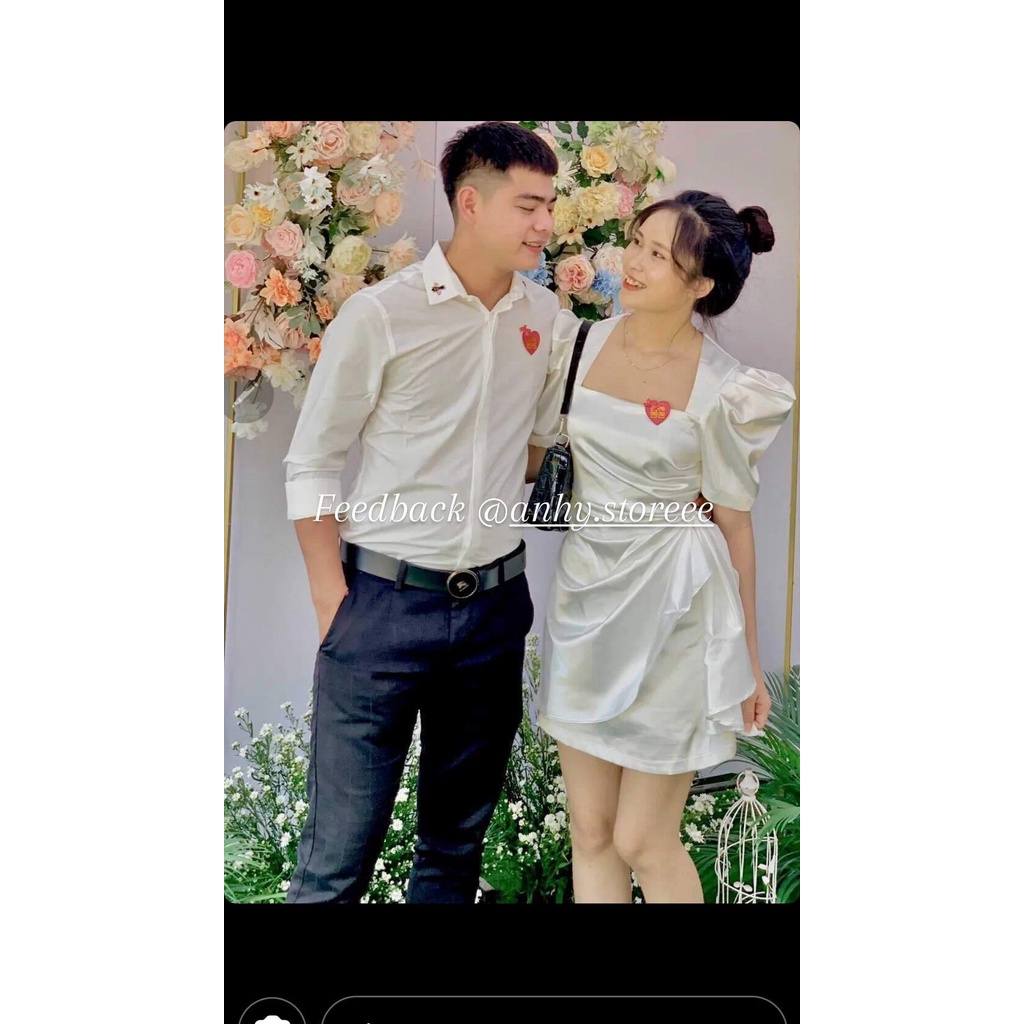 Váy trắng chụp kỷ yếu party, Đầm dự tiệc cổ vuông màu trắng tay bồng sang chảnh dáng ngắn
