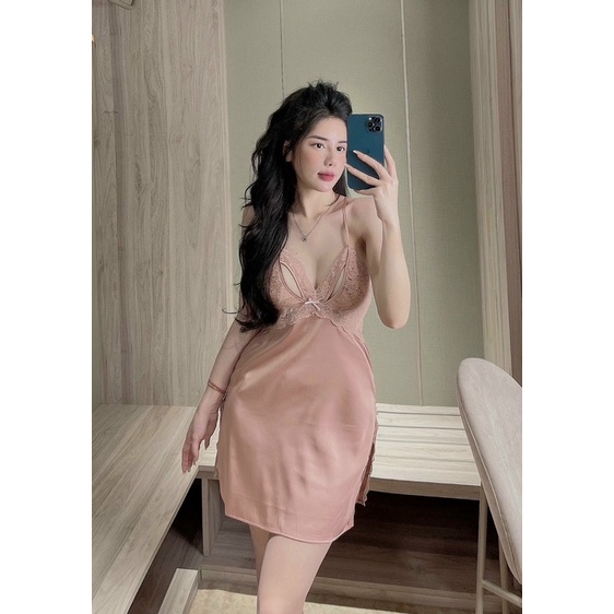 váy ngủ sexy lụa Quảng Châu cao cấp tím -hồng 009