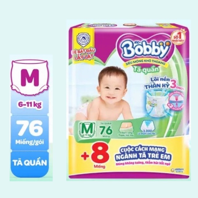 [Có sẵn] Tã-Bỉm quần Bobby size M76, M76+8, 76 miếng - mới (cho trẻ 6-11kg)