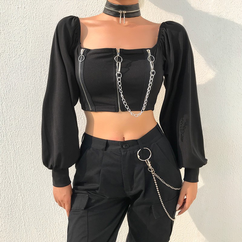 Áo croptop cổ vuông tay dài 3 ngăn dây kéo có xích cá tính ôm body ulzzang ( 2 màu )