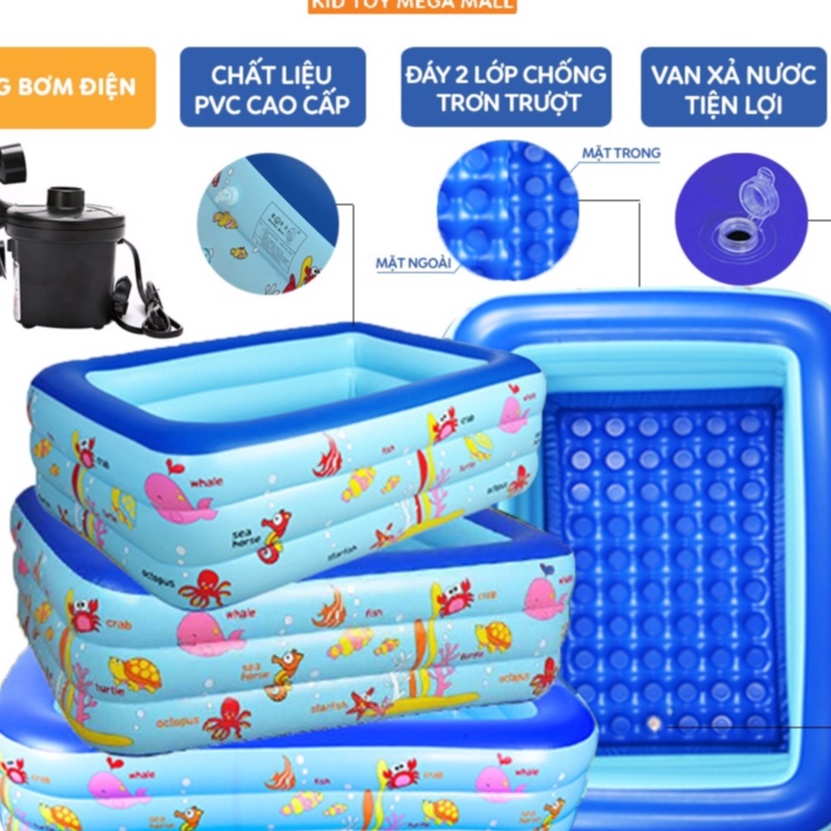 Bể bơi cho bé, hồ bơi trẻ em loại dày hình chữ nhật tặng keo vá 1m3, 1m5, 1m8, 2m1