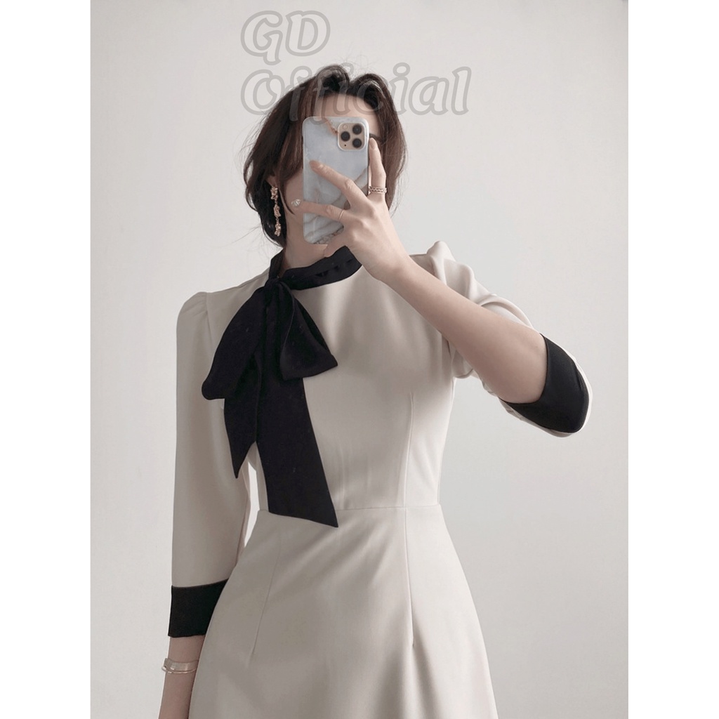 D57|Đầm thắt nơ cổ tròn công sở thanh lịch dáng xòe bồng bềnh co nữ chất cotton bo eo khoe dáng màu be, đen GD Official