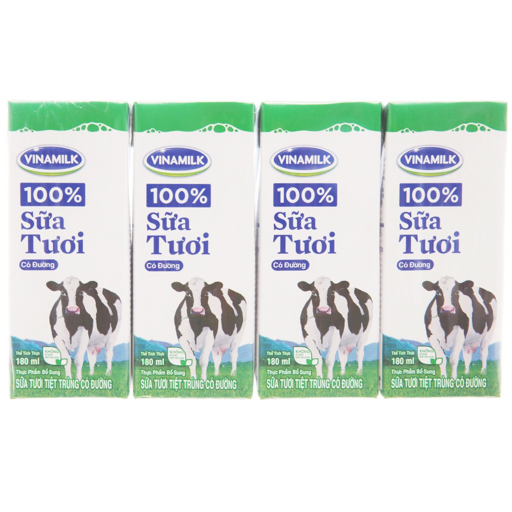 Lốc 4 hộp sữa tươi Vinamilk 100% Sữa Tươi 180ml