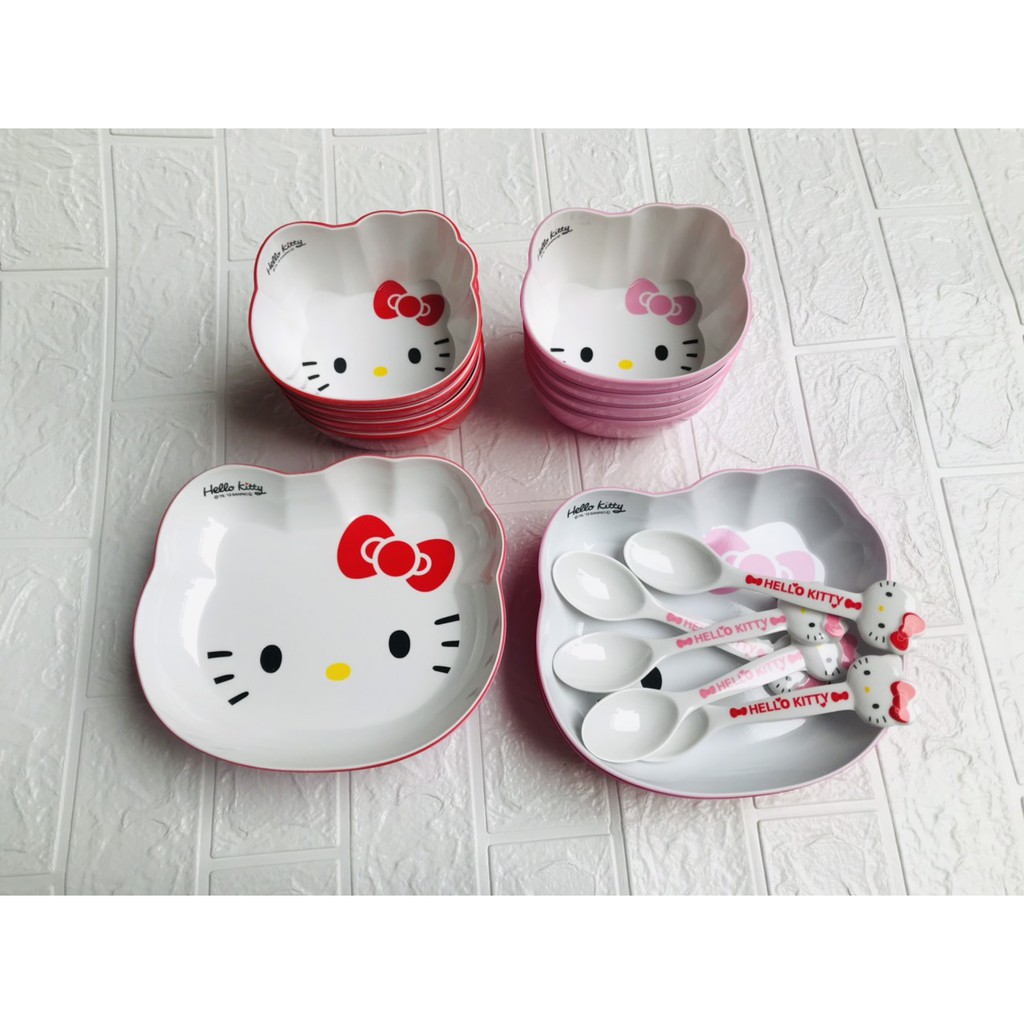 Bát Đĩa Thìa Giả Sứ Hình Mèo Hello Kitty Siêu Đáng yêu Cho Bé Ăn Dặm