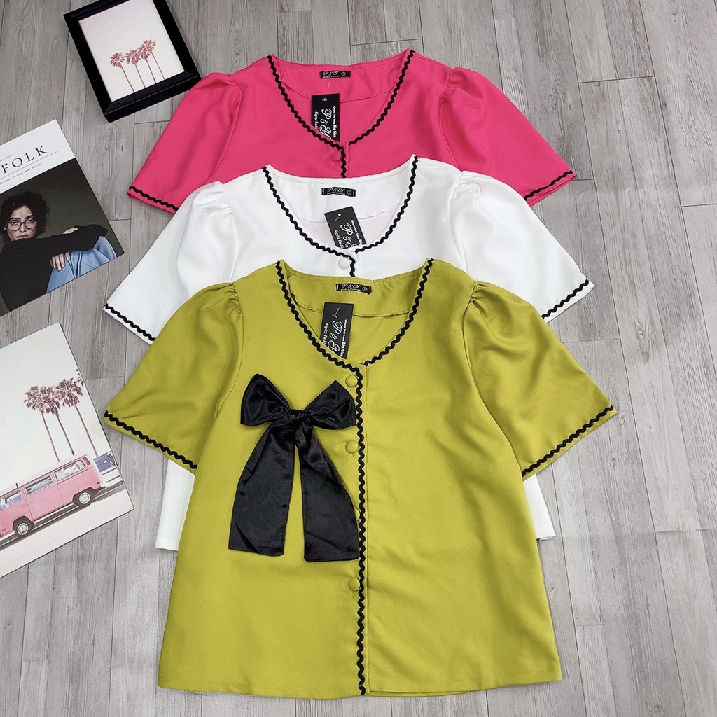 Áo Sơ Mi Nữ Bigsize Tay Ngắn Gắn Nơ Chất Vải Cotton Lạnh Mềm Mịn Mát,Áo Sơ Mi Kiểu Nữ Size Lớn HÌNH + Video ThẬT MÃ SM5