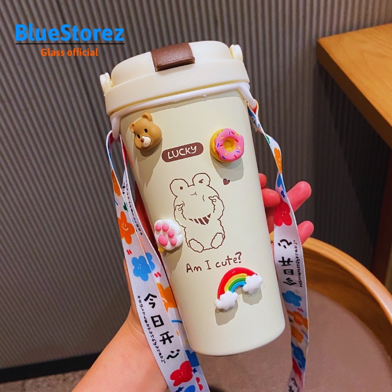 Cốc giữ nhiệt cute 500ml có ống hút, Ly đựng nước giữ nhiệt cầm tay, Bình giữ nhiệt mini kèm sticker + dây