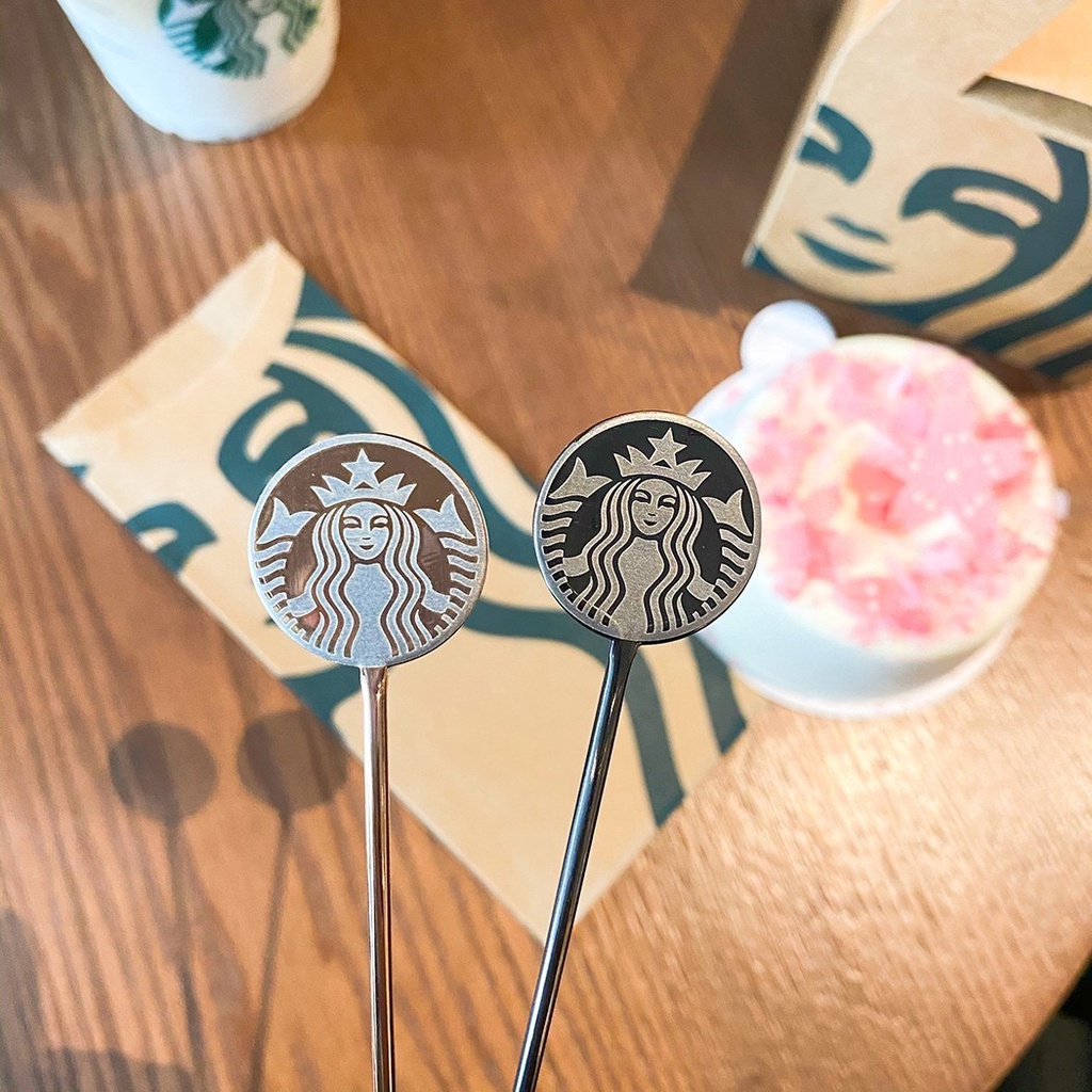 1 muỗng khuấy bằng thép không gỉ 304 cán dài 21cm họa tiết Starbucks màu vàng hồng bạc cho quán cà phê/ cửa hàng/ cửa hàng/ nhà hàng/ nhà hàng